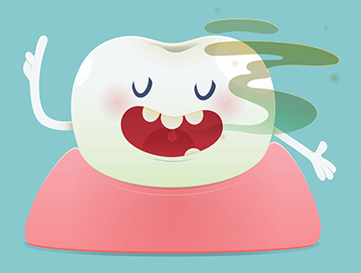 Halitosis concept of cartoon tooth with bad breath on the green